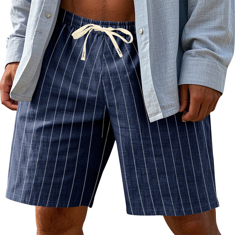 Men's relaxed beach Bermuda shorts with fine pinstripe structure, elastic drawstring waistband, and side slip pockets StylebySassy