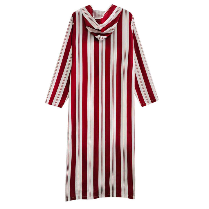 Ladies long hooded shirt dress with front zipper and vertical stripe pattern StylebySassy