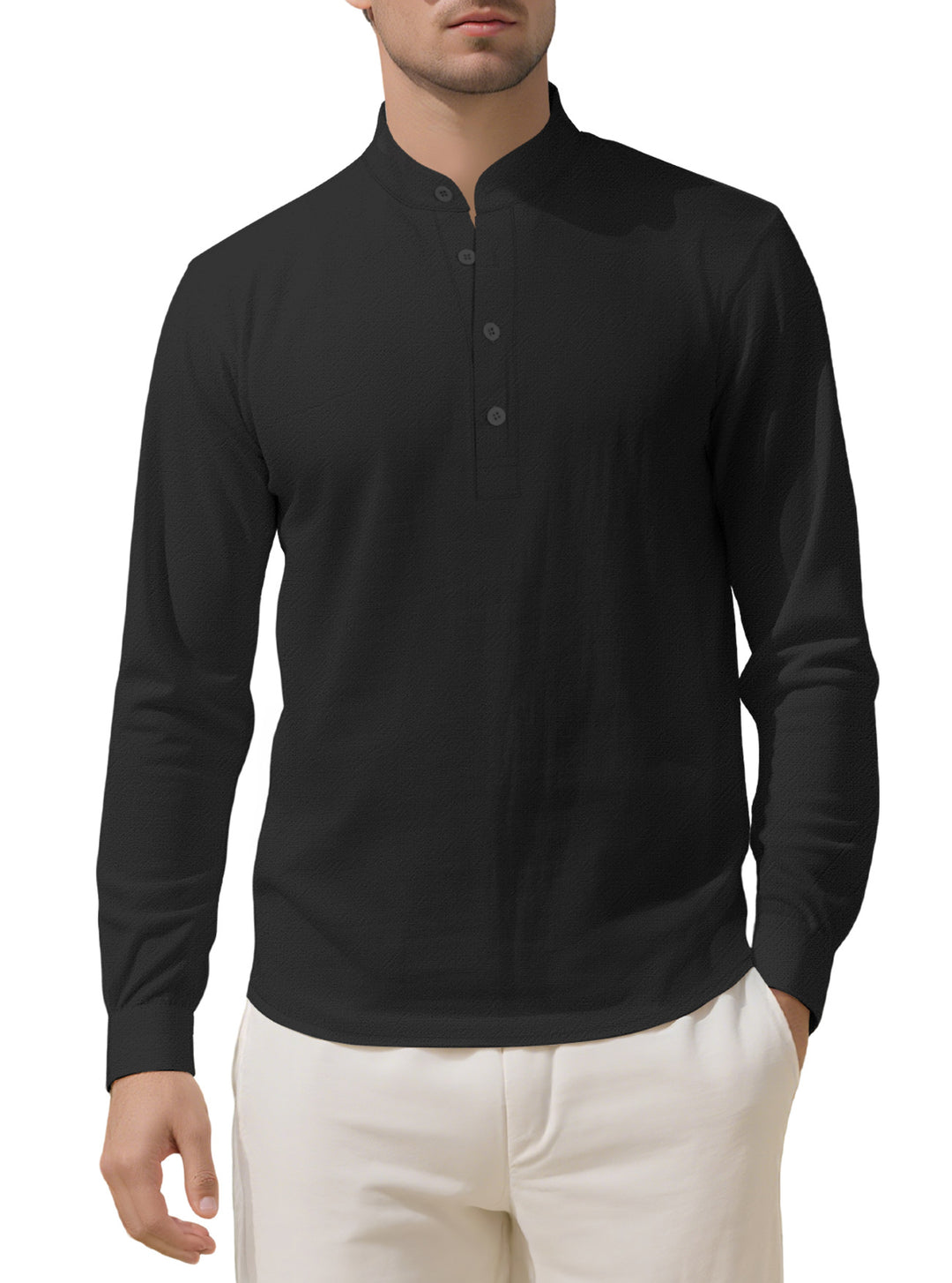 Men's Nehru collar Henley made of cotton stretch with concealed button placket and slim fit StylebySassy
