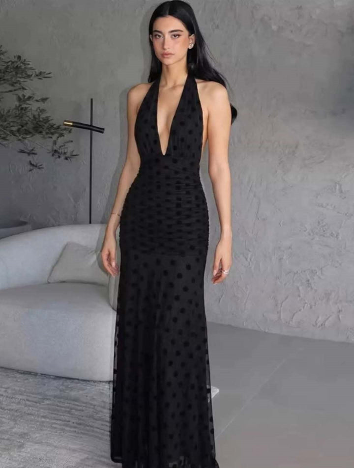 Women's Elegant Maxi Dress with Deep V-Neck and Delicate Ruffles