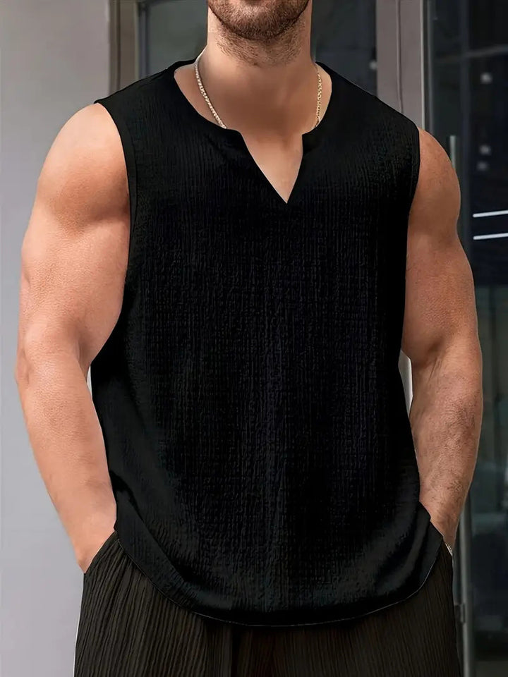 Men's casual crinkle cotton top with notch neckline and rounded hem StylebySassy