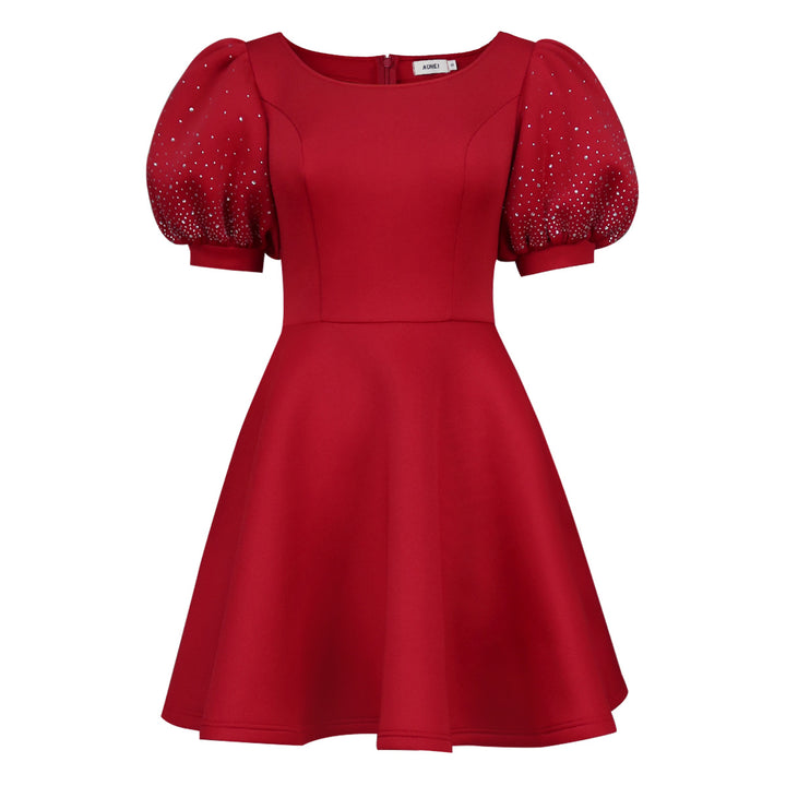 Women's cocktail dress with voluminous puff sleeves and shimmering accents StylebySassy