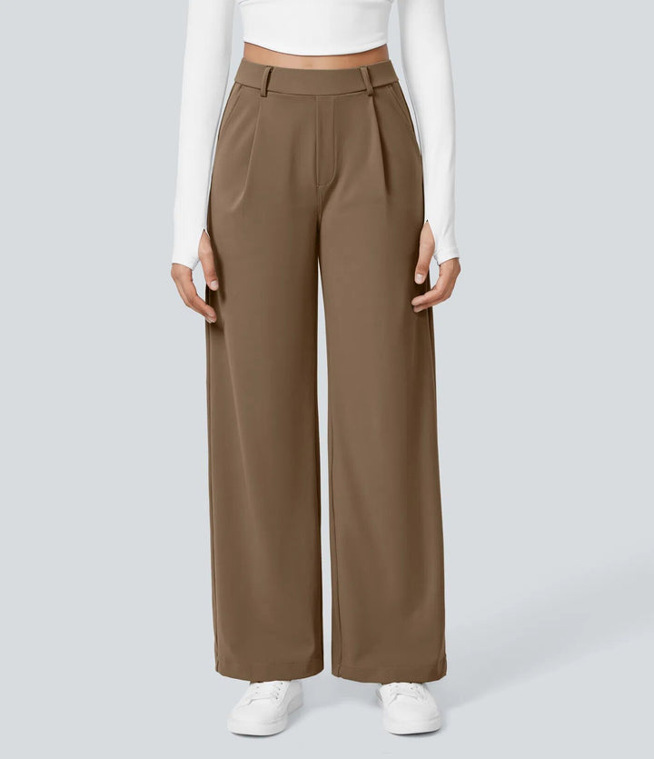 Ladies high-waisted pleated trousers with wide leg, belt loops and side pockets StylebySassy