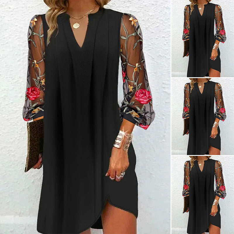 Ladies A-line dress with embroidered transparent sleeves and V-neck StylebySassy