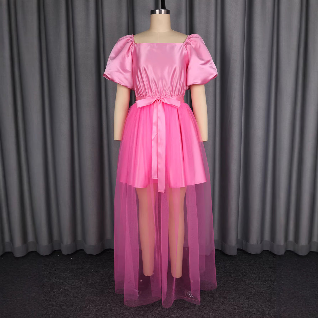 Ladies Elegant Tulle Dress with Puff Sleeves and Bow Tie