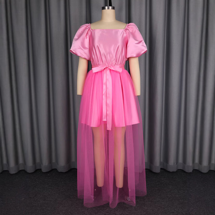 Ladies Elegant Tulle Dress with Puff Sleeves and Bow Tie