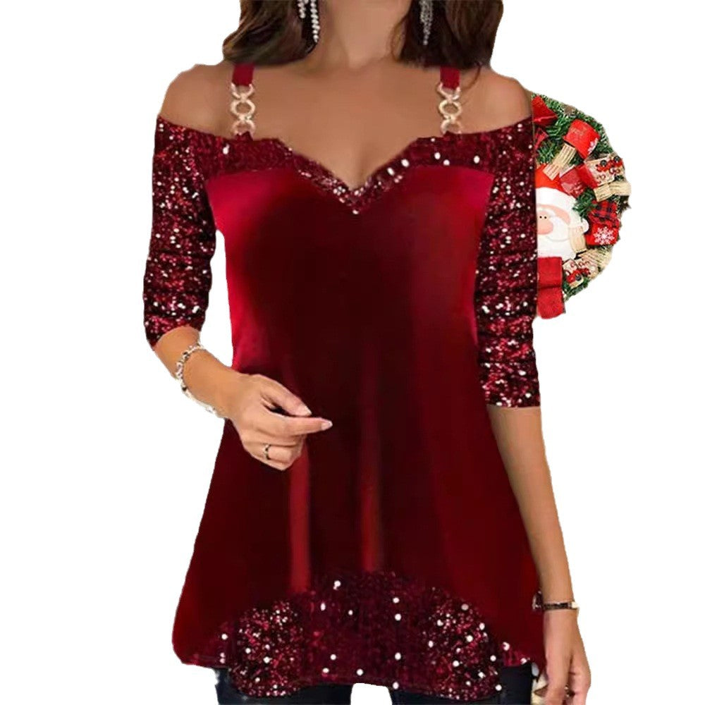Ladies off-shoulder tunic top with V-neck, decorative chain straps and sequin sleeves StylebySassy