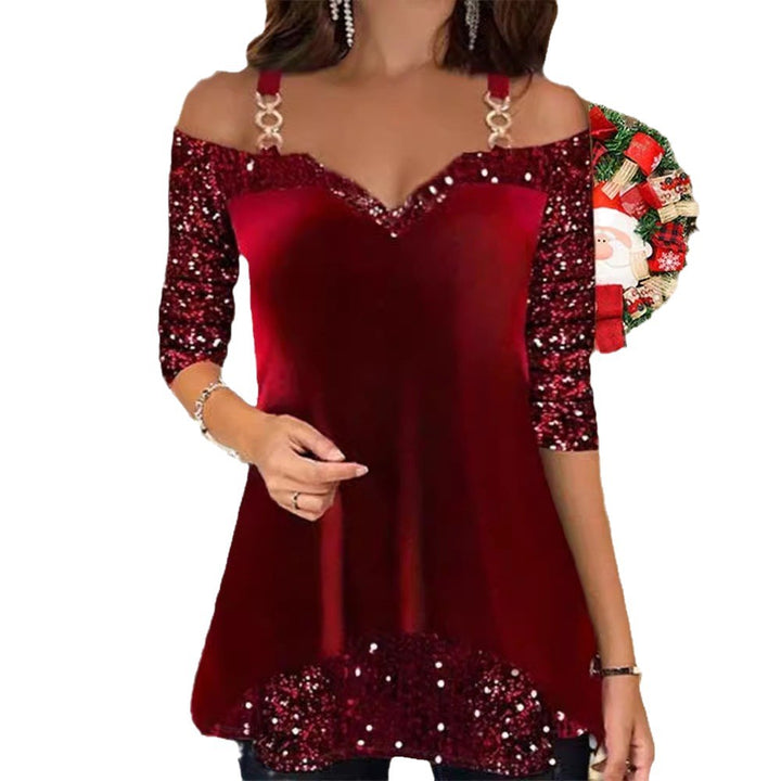 Ladies off-shoulder tunic top with V-neck, decorative chain straps and sequin sleeves StylebySassy