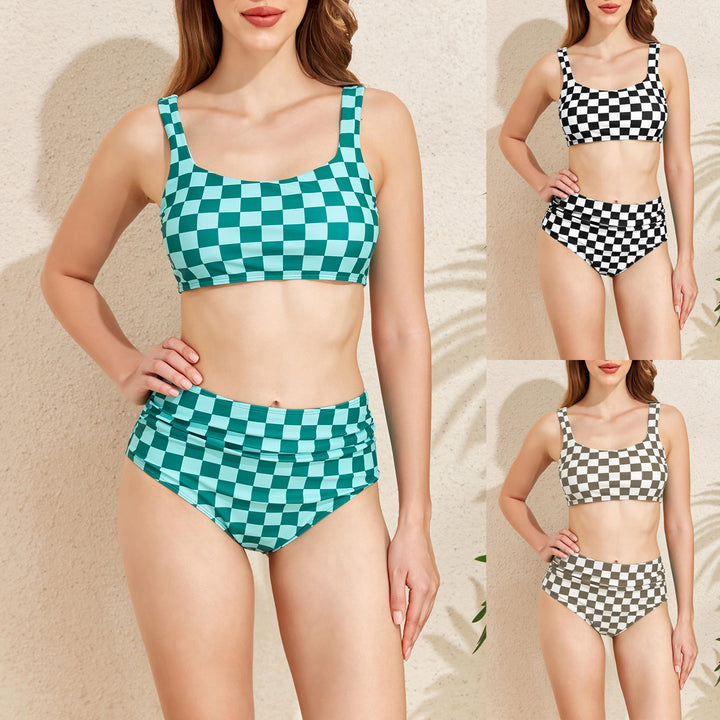Women's High-Waisted Bikini Set with Checker Pattern StylebySassy