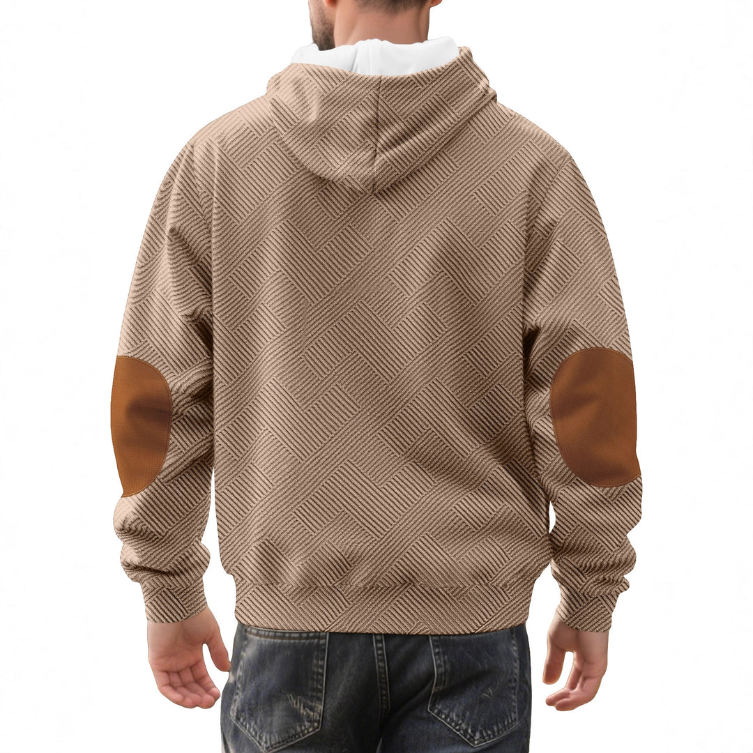 Men's structured hoodie henley pullover with jacquard texture, button placket, and elbow patches StylebySassy