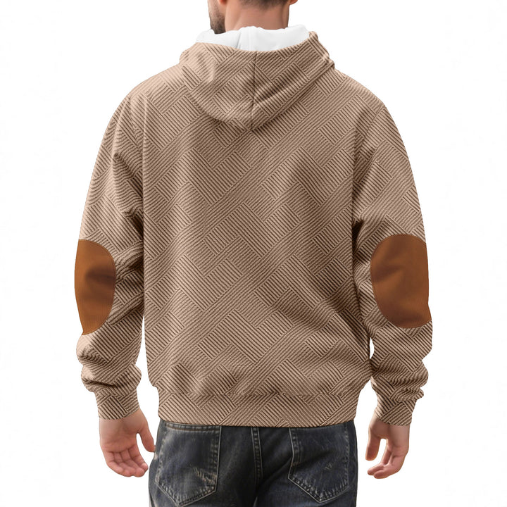 Men's structured hoodie henley pullover with jacquard texture, button placket, and elbow patches StylebySassy