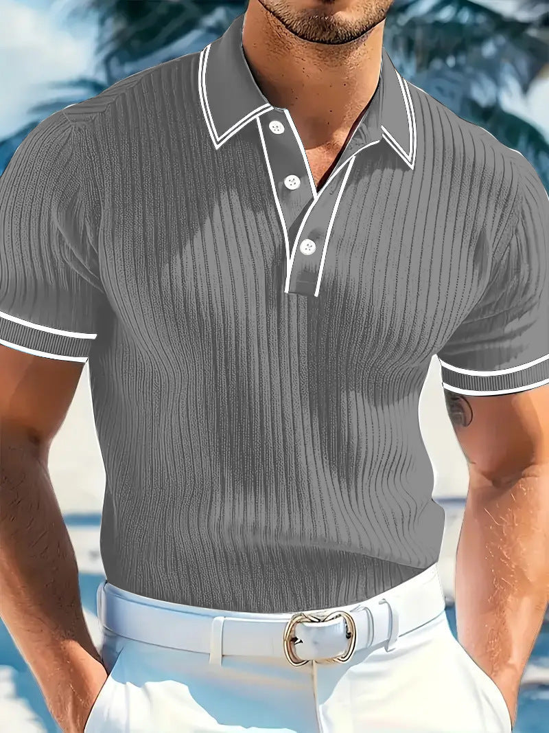 Men's fitted short-sleeve polo with Kent collar, short button placket, and fine vertical rib structure StylebySassy