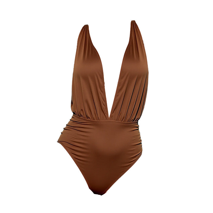 Women's one-piece swimsuit with deep V-neckline and sophisticated ruffle details StylebySassy