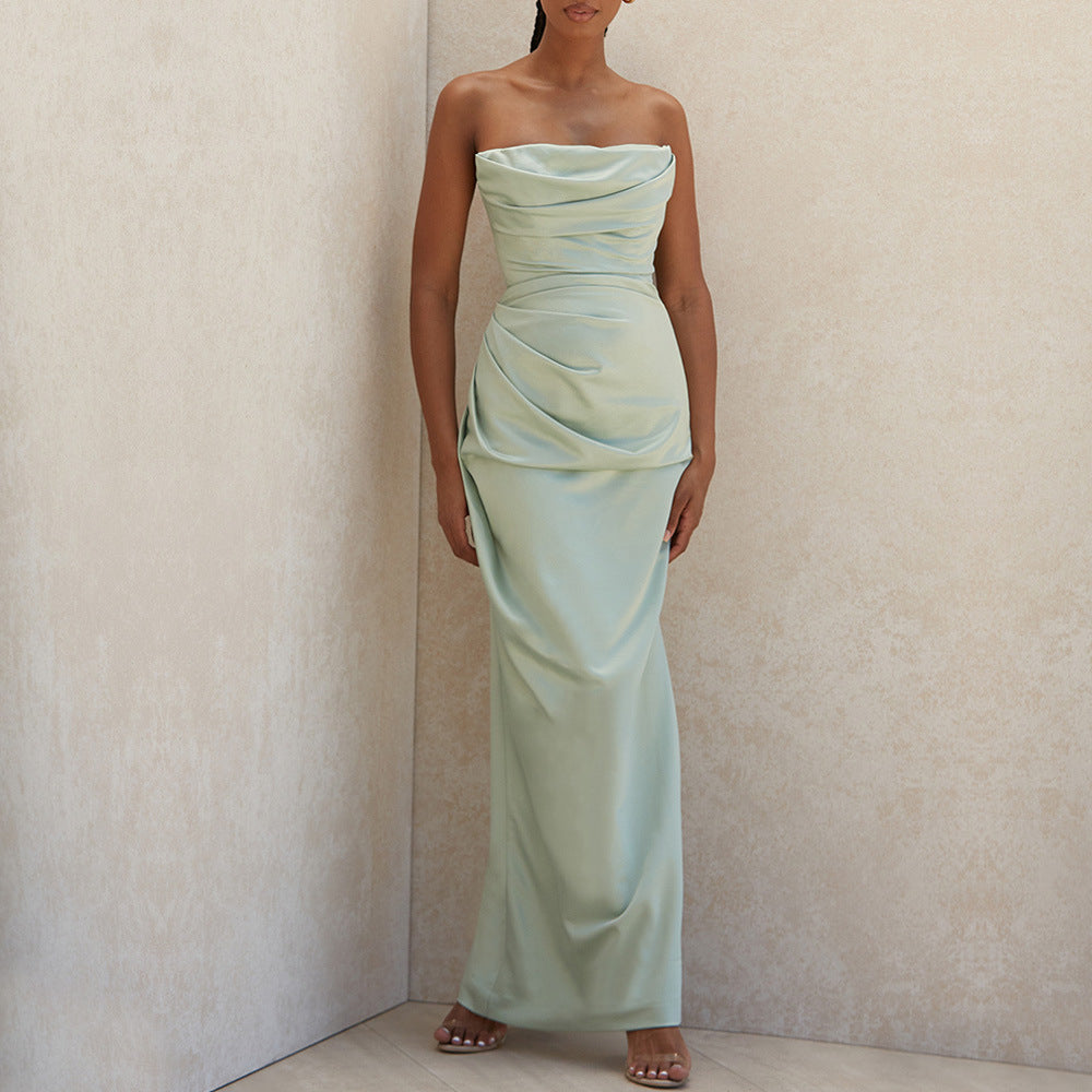 Ladies nan luxurious satin evening dress with draped bustier tailored draping and slim column silhouette StylebySassy