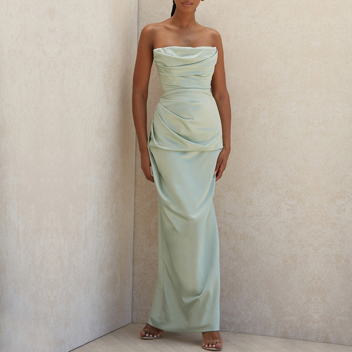 Ladies nan luxurious satin evening dress with draped bustier tailored draping and slim column silhouette StylebySassy