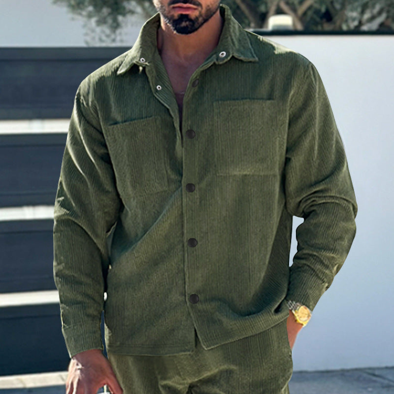 Men's padded corduroy overshirt jacket with visible button placket and chest welt pockets StylebySassy