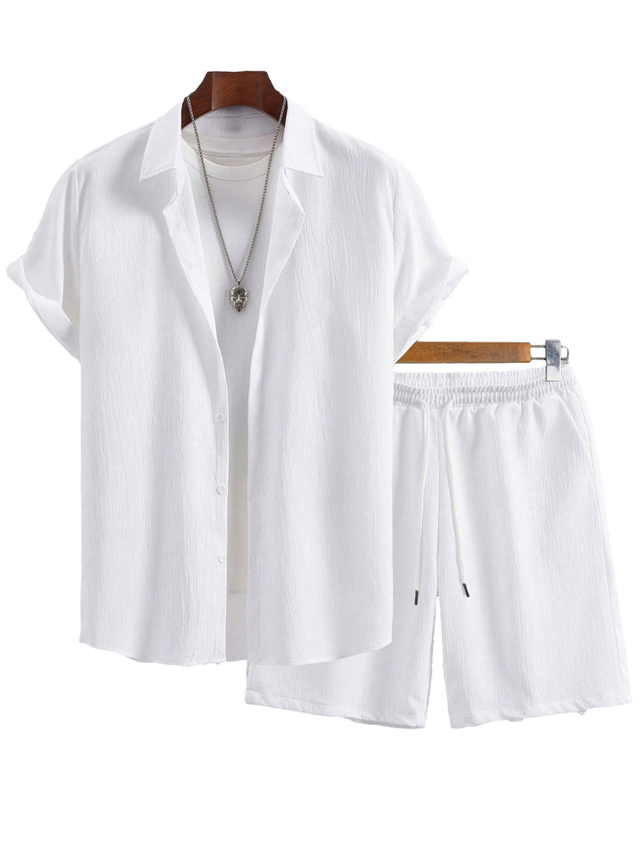 Men's Crinkle Lounge Set with Open Lapel Shirt, Integrated Short Sleeve T-Shirt, and Drawstring Bermuda StylebySassy
