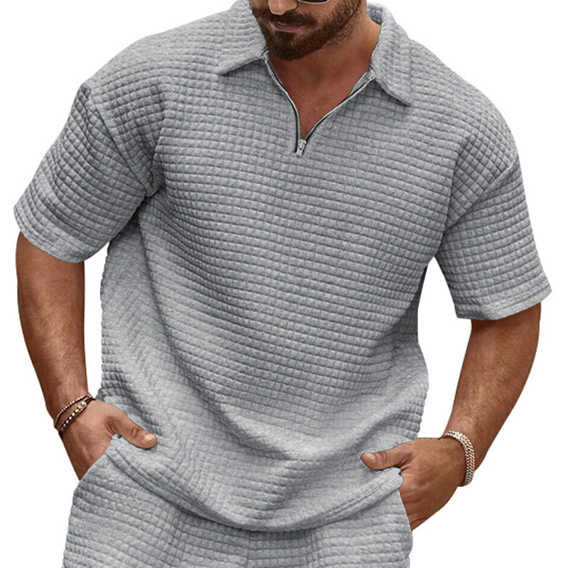 Men's polo collar ensemble with quilted box pattern, short front zipper and loose fit StylebySassy