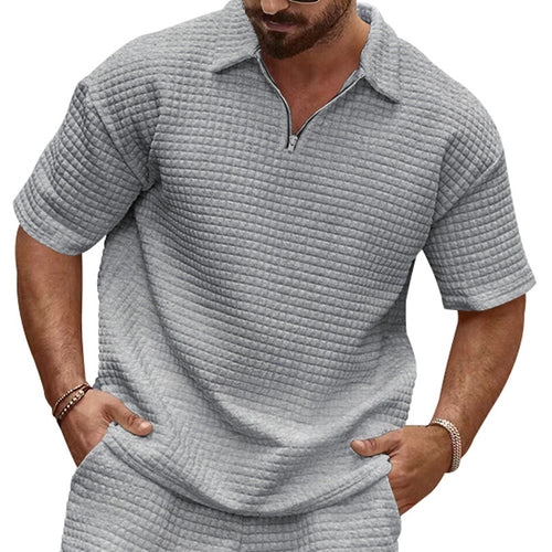 Men's polo collar ensemble with quilted box pattern, short front zipper and loose fit StylebySassy