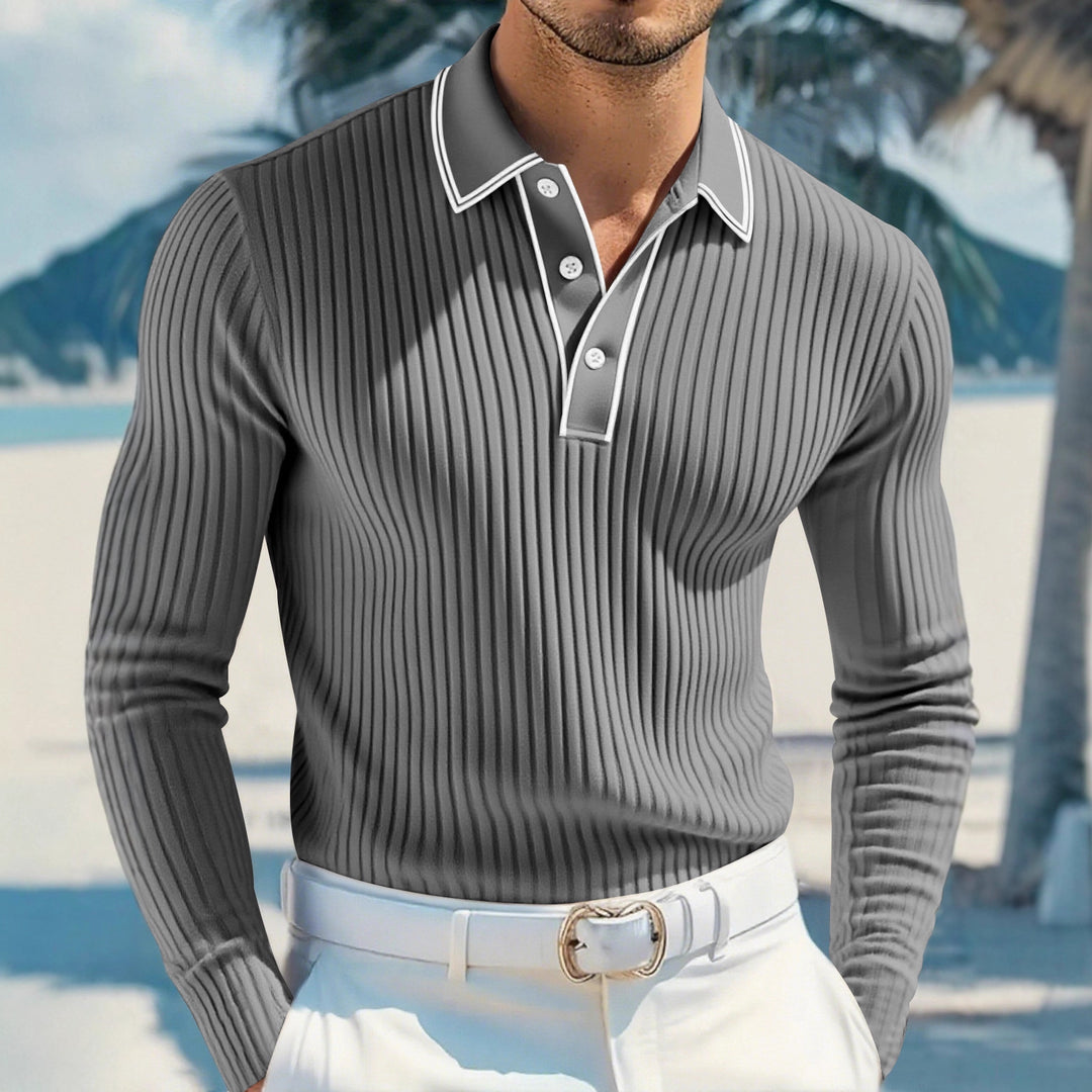 Men's slim-fit ribbed polo shirt with long sleeves, contrasting piping, and fine texture StylebySassy