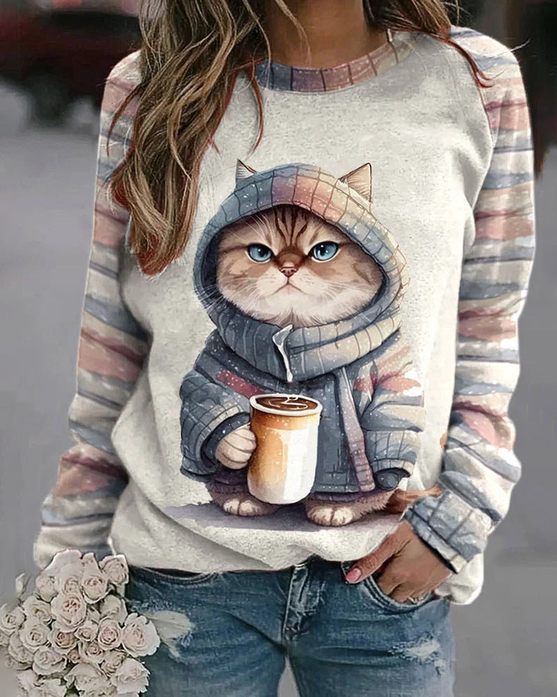 Women's casual sweatshirt with large kitten front print and striped raglan sleeves StylebySassy