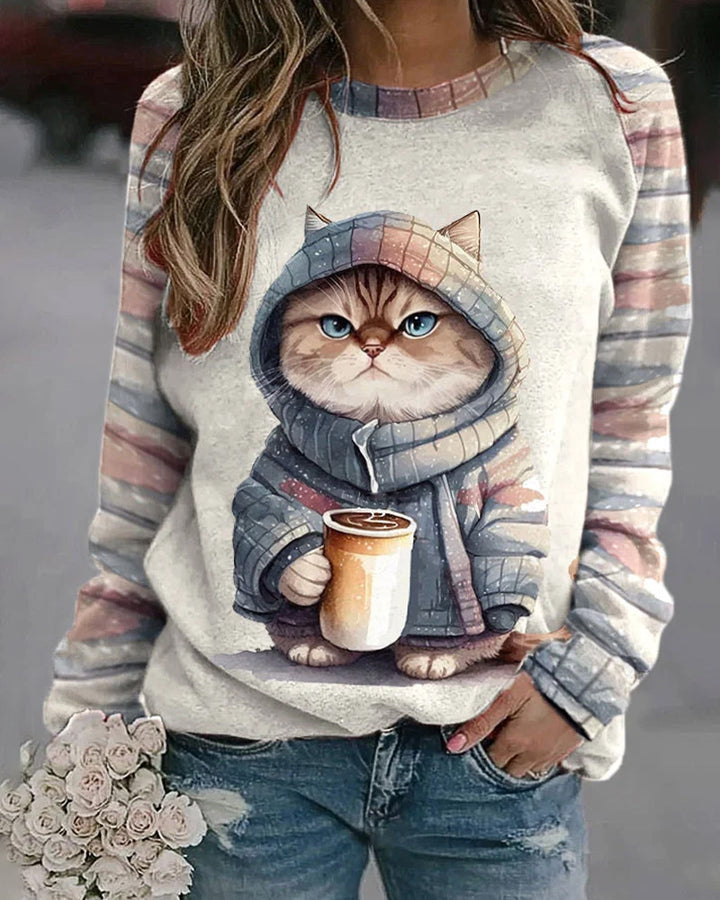 Women's casual sweatshirt with large kitten front print and striped raglan sleeves StylebySassy