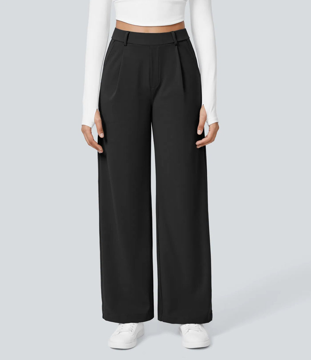 Ladies high-waisted pleated trousers with wide leg, belt loops and side pockets StylebySassy