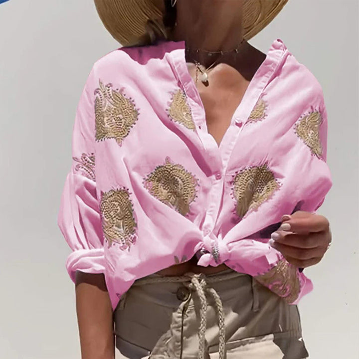 Women's oversized shirt blouse with knot front and paisley embroidery StylebySassy