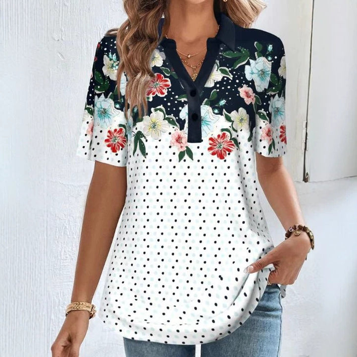 Women's Short Sleeve Polo Collar Tunic with Floral Yoke and Allover Polka Dot Print StylebySassy