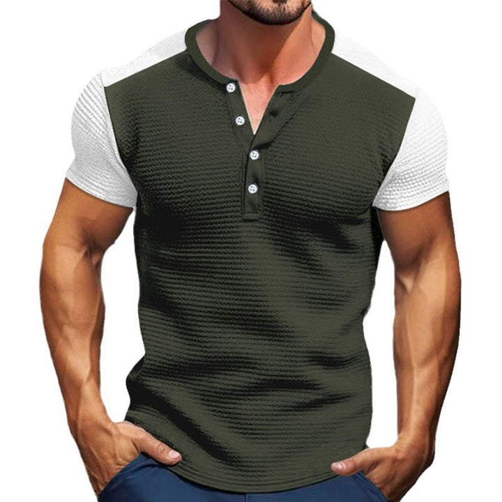 Men's short-sleeved Henley shirt with mid-length button placket and raglan sleeves StylebySassy