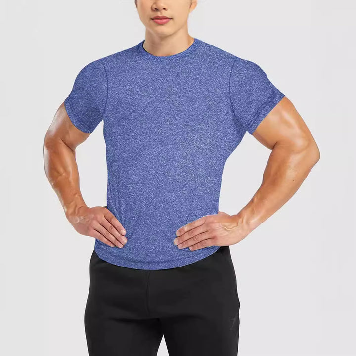 Men's slim fit round neck performance shirt with elastic side wedge and flat seams StylebySassy