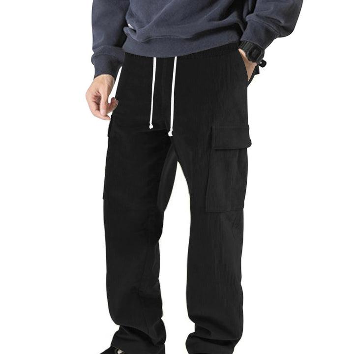 Men's ribbed comfortable cargo pants with elastic drawstring waistband and low-set flap pockets StylebySassy