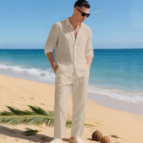 Men's lightweight linen outfit with stylish shirt and elegant pants StylebySassy