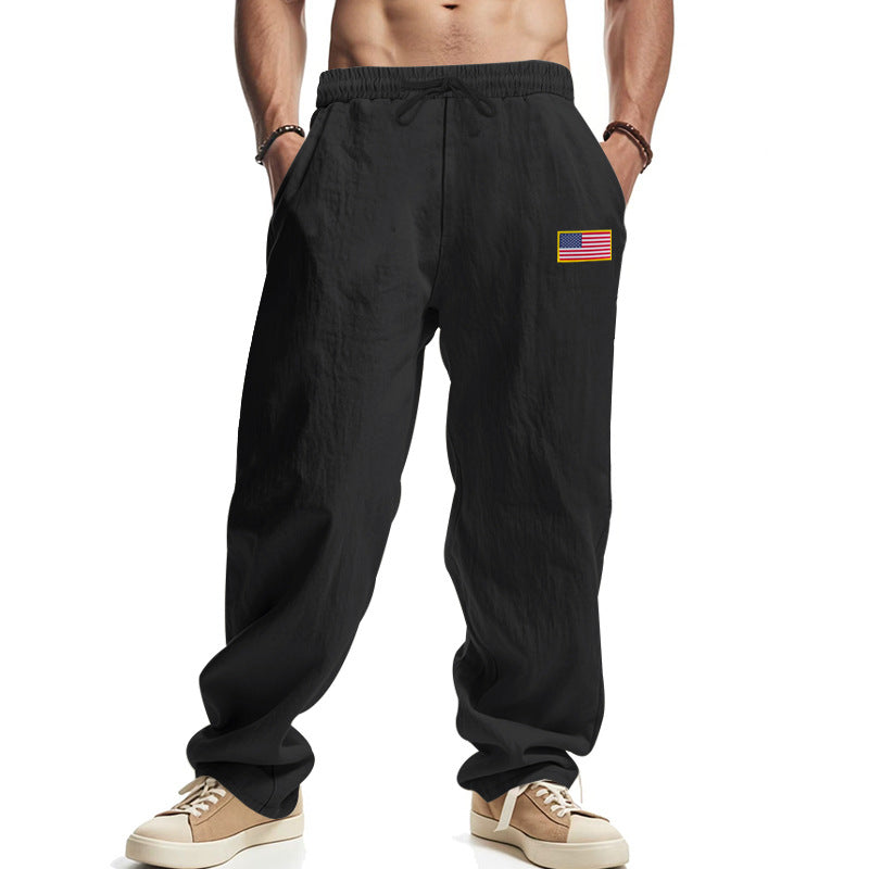 Men's casual cotton-linen lounge pants with elastic waistband, drawstring, and discreet flag application StylebySassy