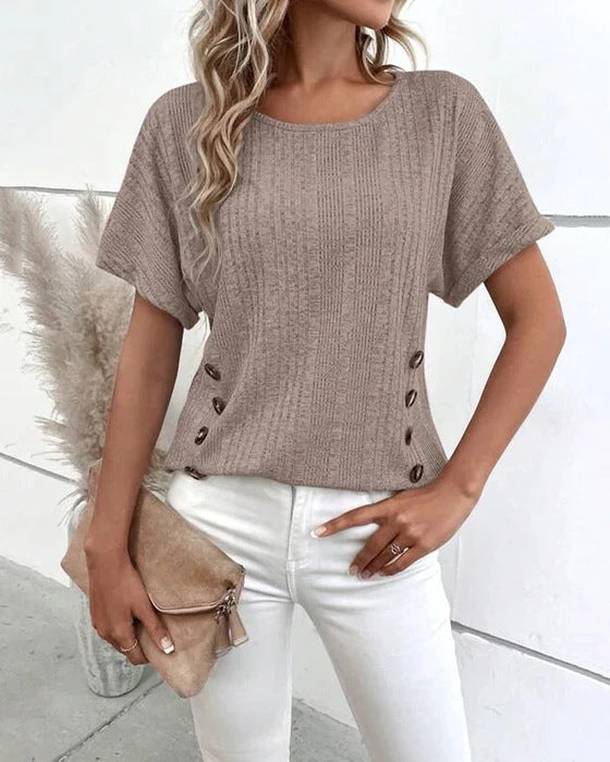 Ladies' knitted fine rib top with round neck and side decorative button placket StylebySassy