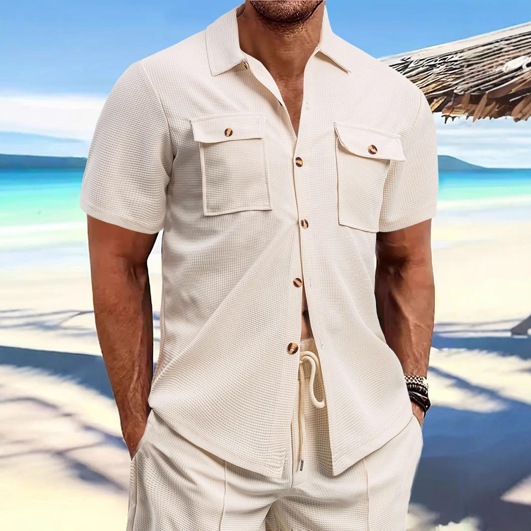 Men's structured waffle lounge set with shirt jacket, chest pockets and corded pants StylebySassy