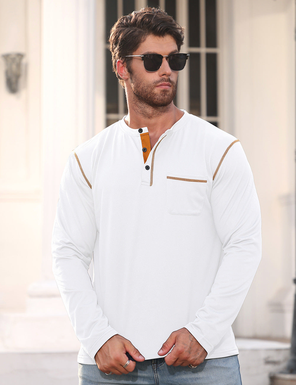 Men's Long Sleeve Shirt with Short Button Placket, Chest Pocket and Contrasting Decorative Stitching StylebySassy