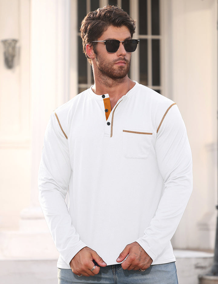 Men's Long Sleeve Shirt with Short Button Placket, Chest Pocket and Contrasting Decorative Stitching StylebySassy