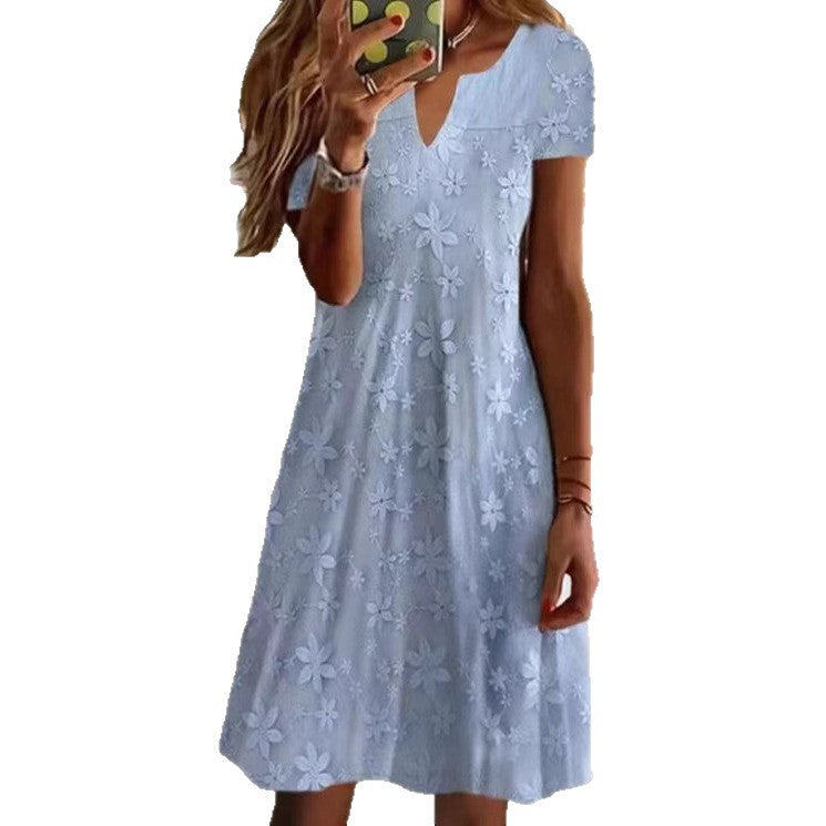 Women's knee-length A-line dress made of cotton blend with embroidered broderie overlay, short sleeves and V-neck StylebySassy