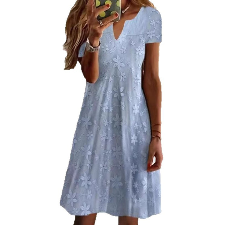 Women's knee-length A-line dress made of cotton blend with embroidered broderie overlay, short sleeves and V-neck StylebySassy