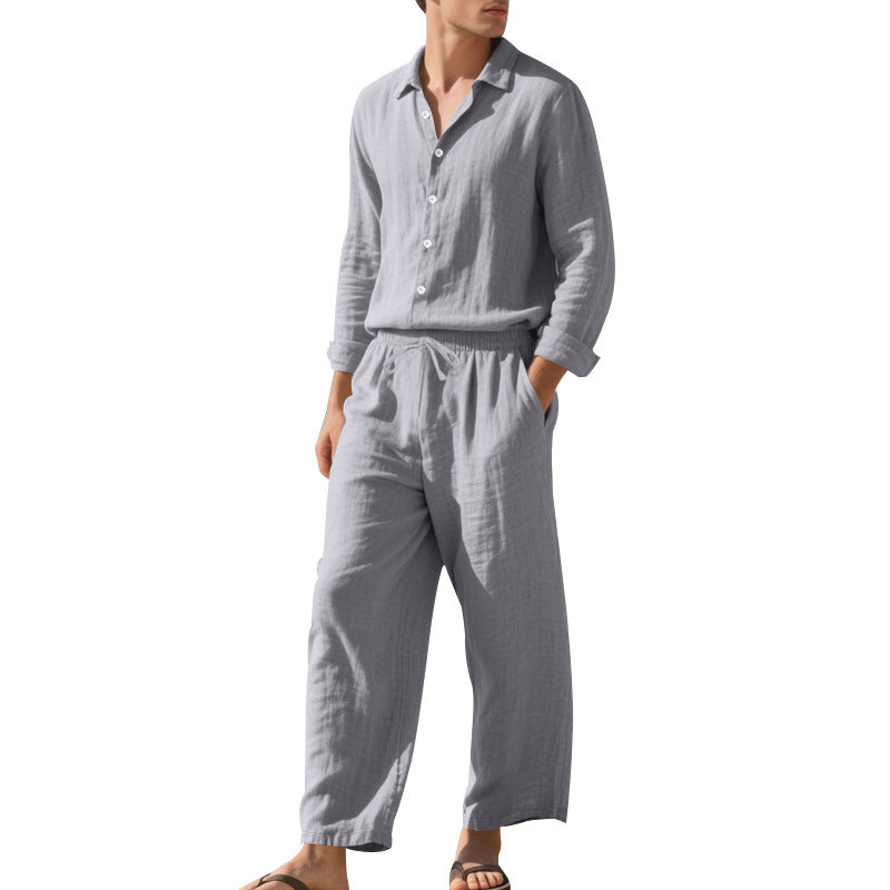 Men's relaxed linen set with open shirt collar and loose drawstring pants StylebySassy