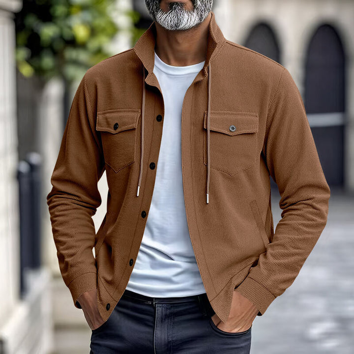 Men's functional cord shirt jacket with high stand collar, drawstring, and patch pockets StylebySassy