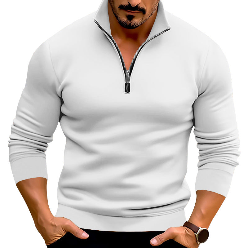 Men's fitted fine knit pullover with short zipper and stand-up collar StylebySassy