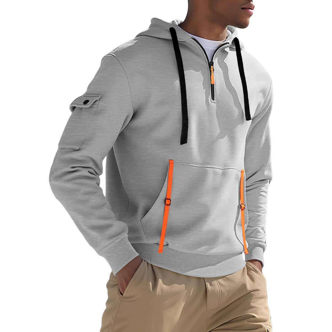Men's Nano Urban Tech Hooded Half-Zip Pullover with Utility Arm Pocket, Kangaroo Pocket, and Adjustable Zipper Tapes StylebySassy