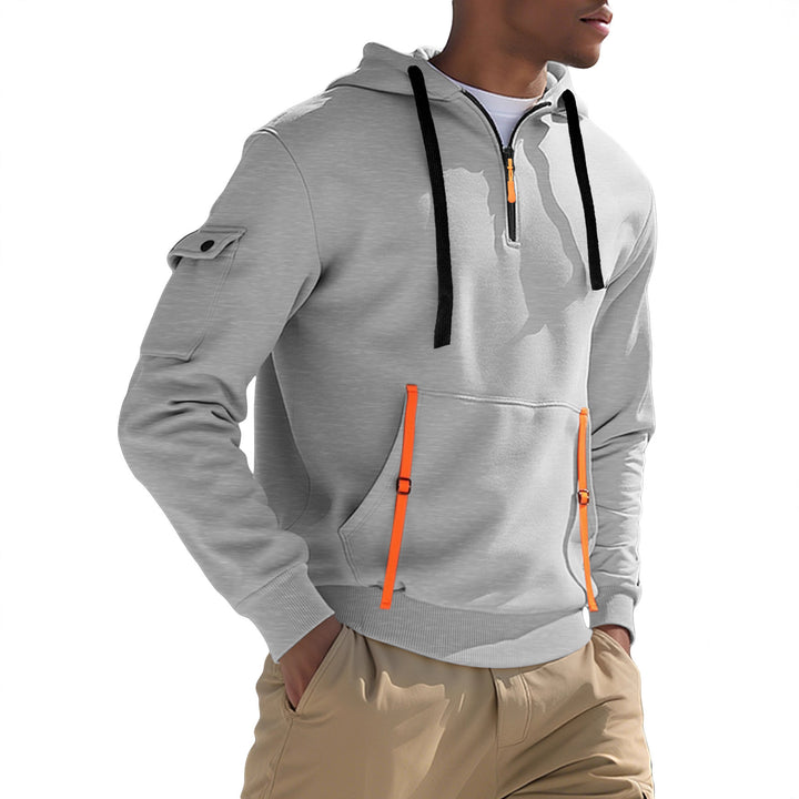 Men's Nano Urban Tech Hooded Half-Zip Pullover with Utility Arm Pocket, Kangaroo Pocket, and Adjustable Zipper Tapes StylebySassy