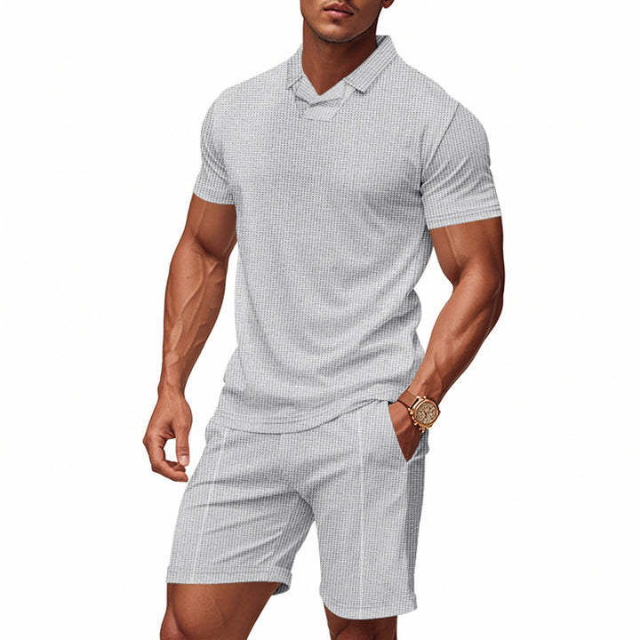 Men's casual waffle structured leisure set with lapel collar short sleeve shirt and elastic leisure shorts StylebySassy