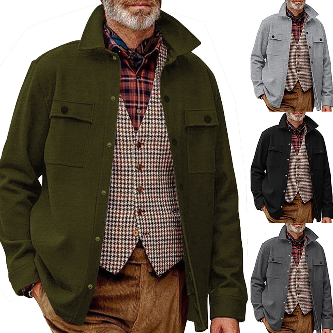 Men's wool blend overshirt jacket with flap pockets, concealed button placket, and shirt collar StylebySassy