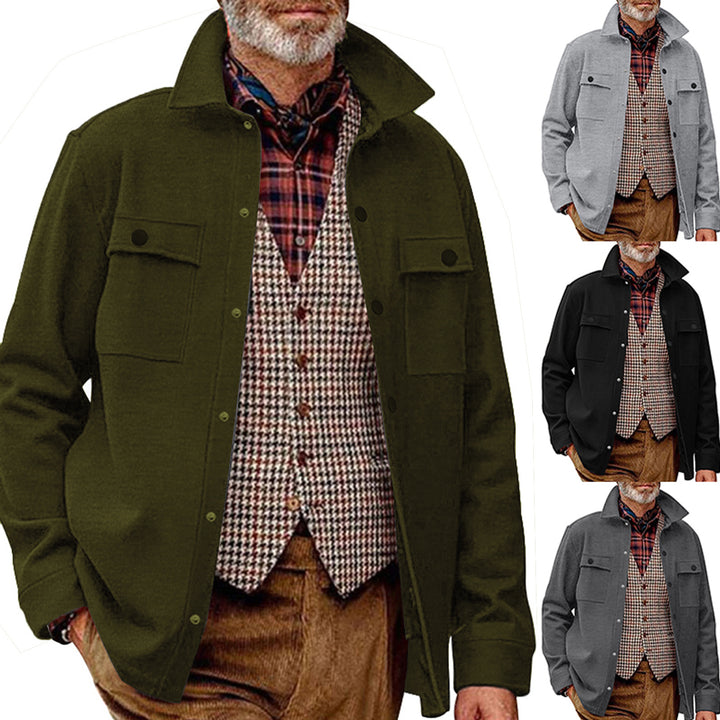 Men's wool blend overshirt jacket with flap pockets, concealed button placket, and shirt collar StylebySassy