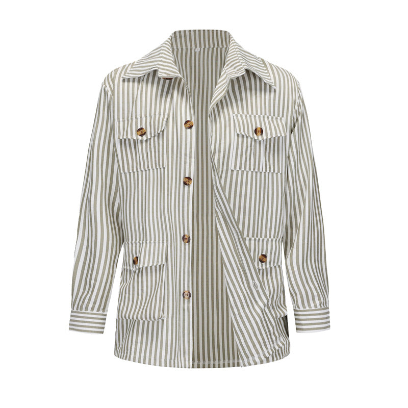 Women's striped shirt jacket made of cotton blend with patch breast and hip pockets StylebySassy