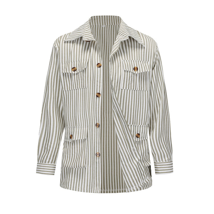 Women's striped shirt jacket made of cotton blend with patch breast and hip pockets StylebySassy